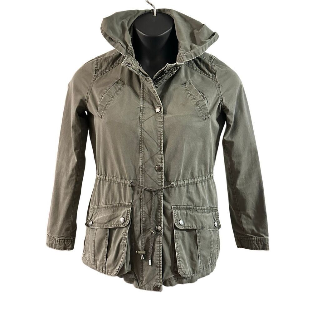 JouJou Womens Olive Green Long Sleeve Snap Zip Hooded Utility Jacket Size Small